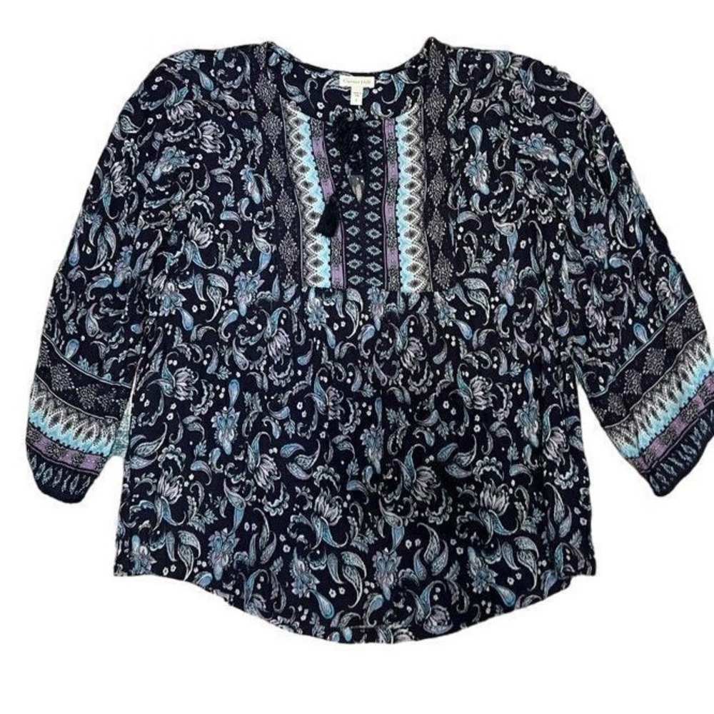 Garnet Hill size 8 navy blue print Boho Indie tunic top lightweight India made